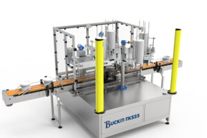 Automatic bucket lid denester integrated with top conveyor