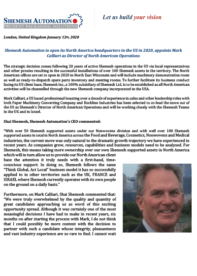 Shemesh Automation to open its North America headquarters in the US in 2020, appoints Mark Calliari as Director of North American Operations