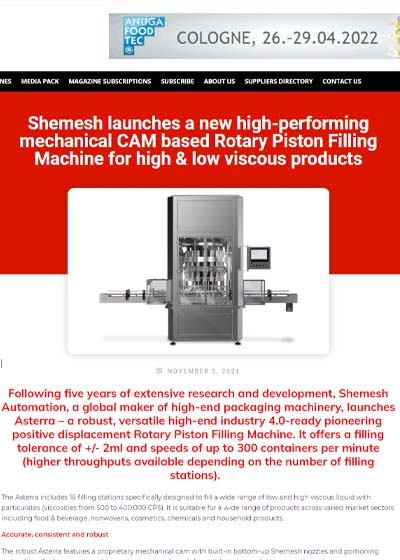 Shemesh launches a new high-performing mechanical CAM based Rotary Piston Filling Machine for high & low viscous products
