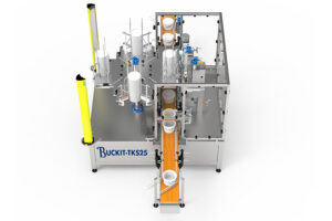 Bucket lid denester integrated into turnkey bucket packaging line