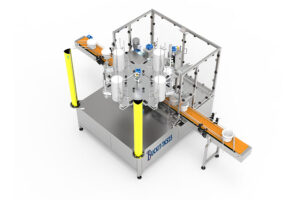 Top view of an automatic bucket lid denester integrated with left and right top conveyors