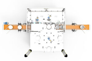 Top view of the automatic bucket lid denester with dual top conveyors – Shemesh Automation